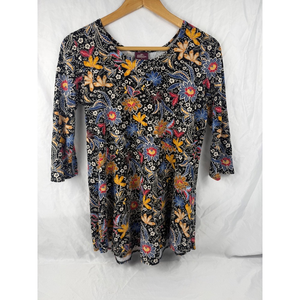 Salaam Women Black Floral Batik Print 3/4 Sleeve Scoop Neck Top Small Made in US
